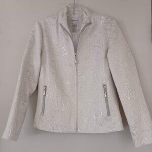 Chico’s Women’s 0 4/6 Metallic Paisley Brocade Moto Jacket Silver Ivory Pockets